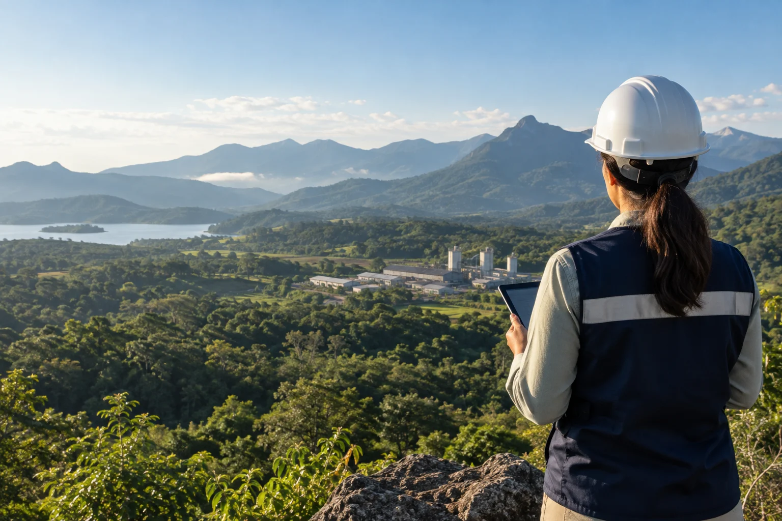 Especialista ambiental observando un paisaje natural e industrial